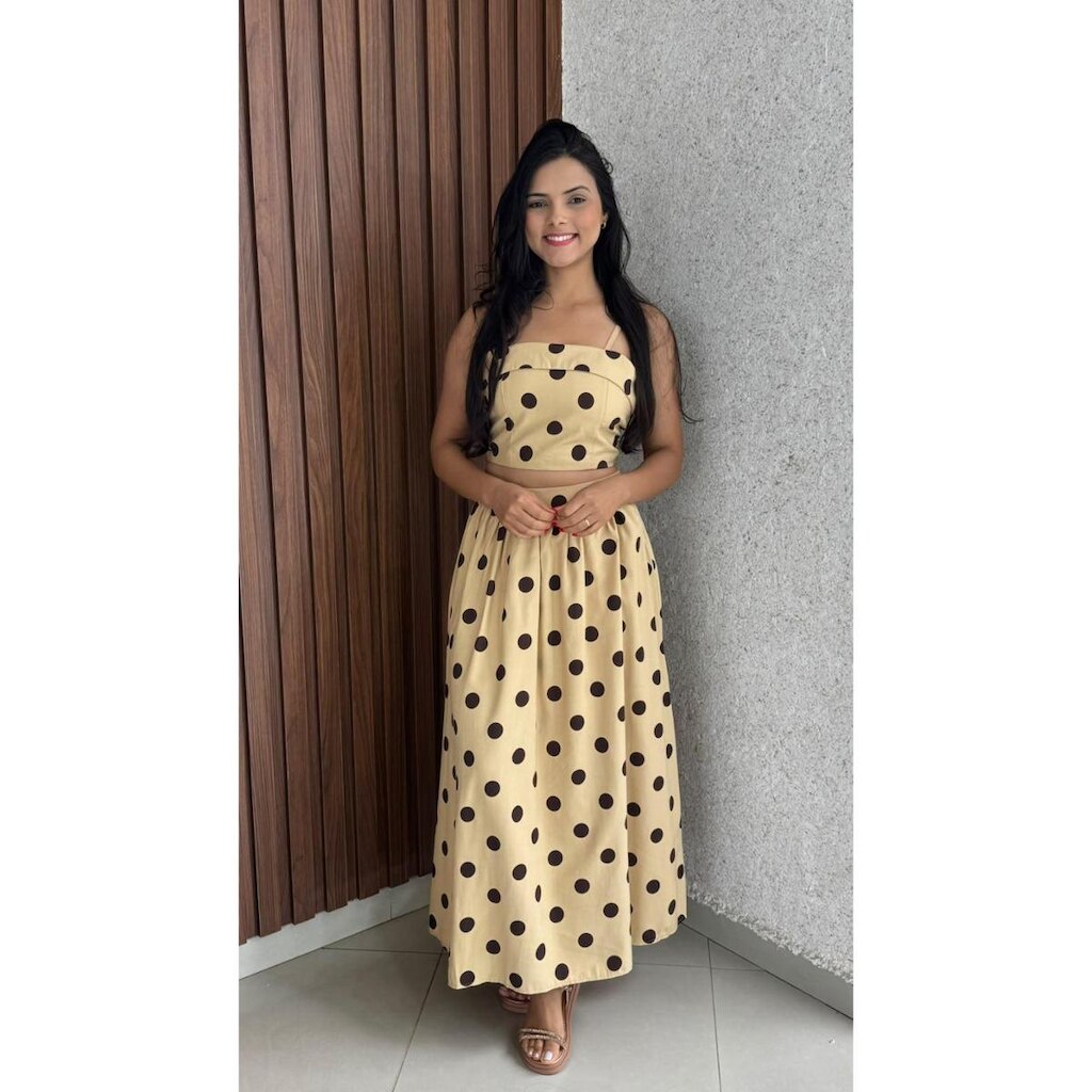 Conjunto Saia Midi Poá Cropped Alça Com Bojo Bivrina