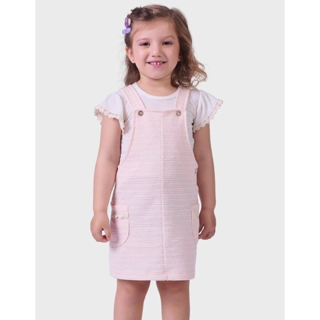 Conjunto Salopete Listrada Elegante Verão Com Blusa Manga Curta Malha Trabalhada Menina 4 a 14 anos