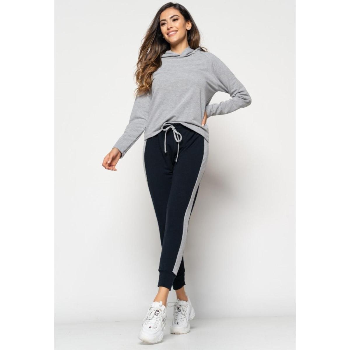 Conjunto Salvatore Comfy Casaco Capuz e Jogger Moletinho Feminino - Preto+Cinza Menor preço em Conjunto Salvatore Comfy Casaco Capuz e Jogger Moletinho Feminino - Preto+Cinza