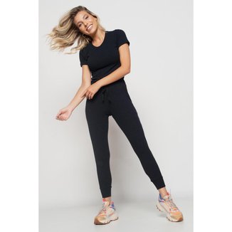 Conjunto Salvatore Fashion Comfy Blusa Básica Manga Curta Jogger Canelada Feminina