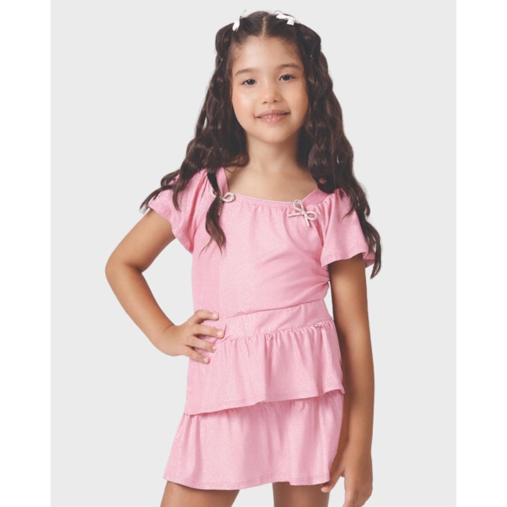 Conjunto Samantha blusa laço strass shorts saia babados verão - Vermelho e Rosa - Menina 4 a 14 anos