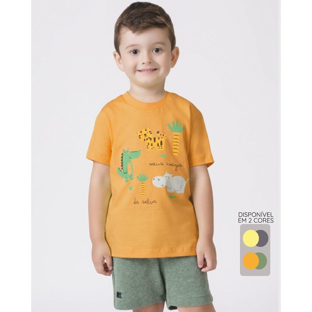 Conjunto selva camiseta estampada bermuda moletinho menino - Amarelo e Laranja - Menino 1 a 4 anos