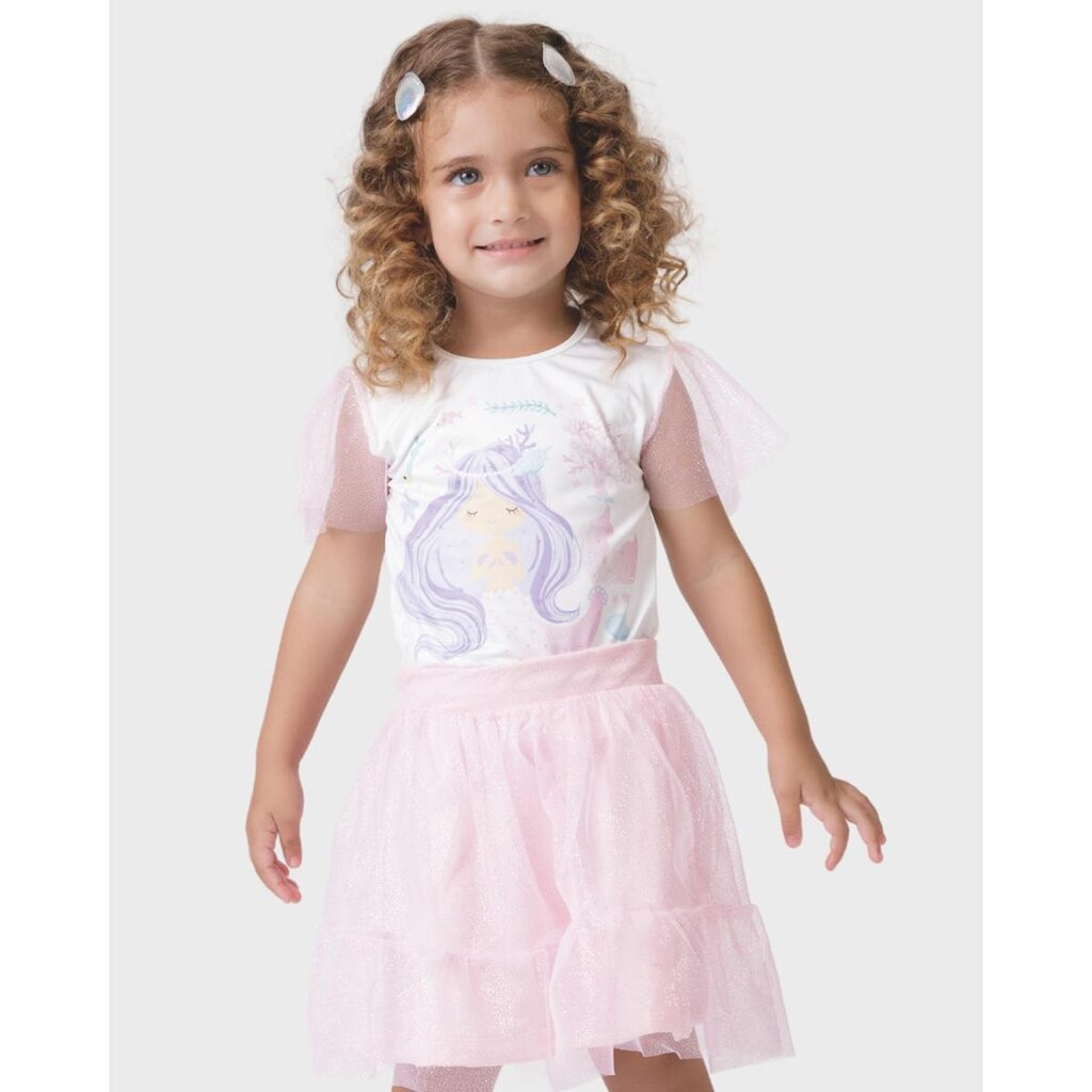 Conjunto sereia com saia tule glitter verão brilho leve infantil - Rosa e Lilás - Menina 1 a 4 anos