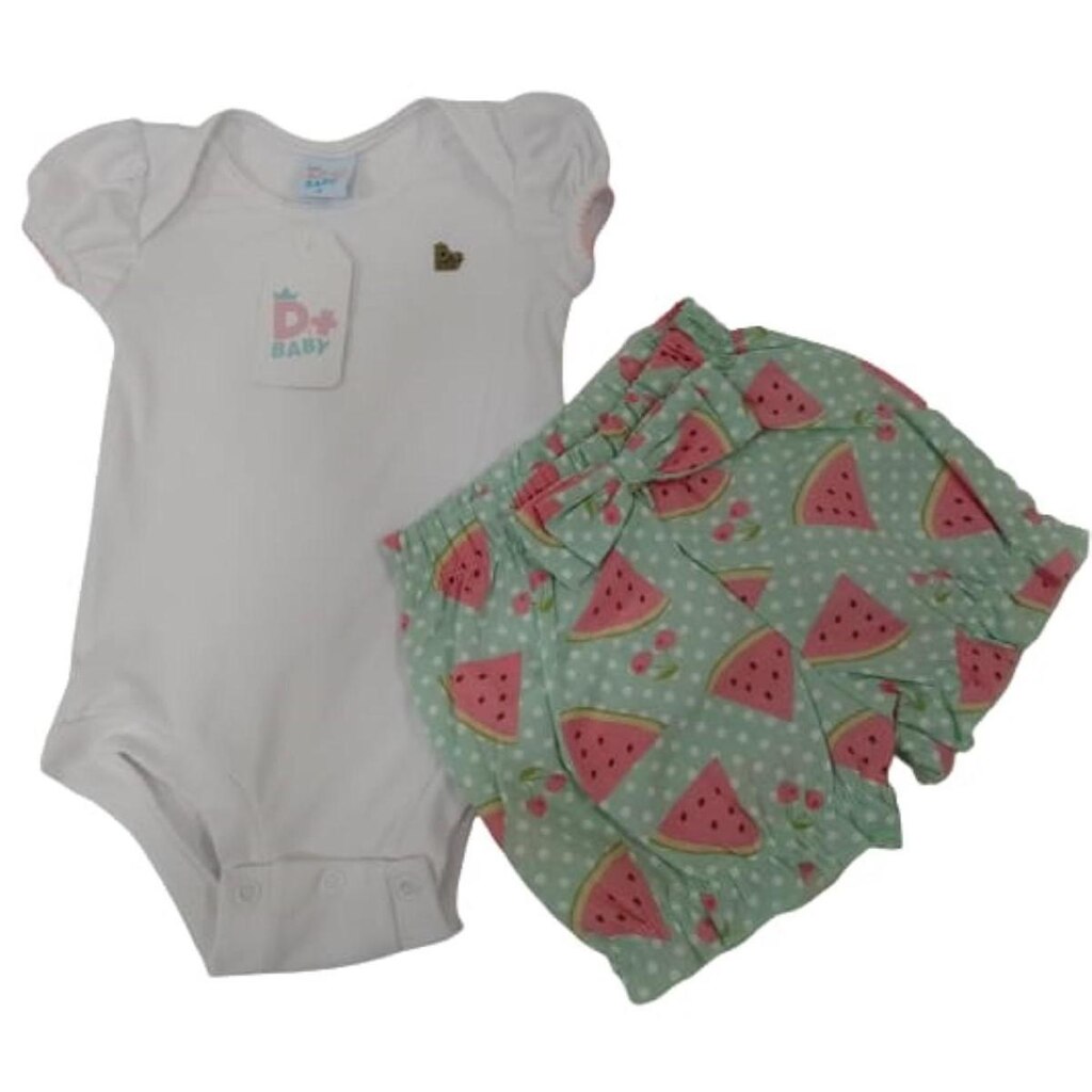 Conjunto Shorts + Body Luxo Bebê Menina Verão D+ Baby 60241 - Verde - P ( 3 - 6 MESES )