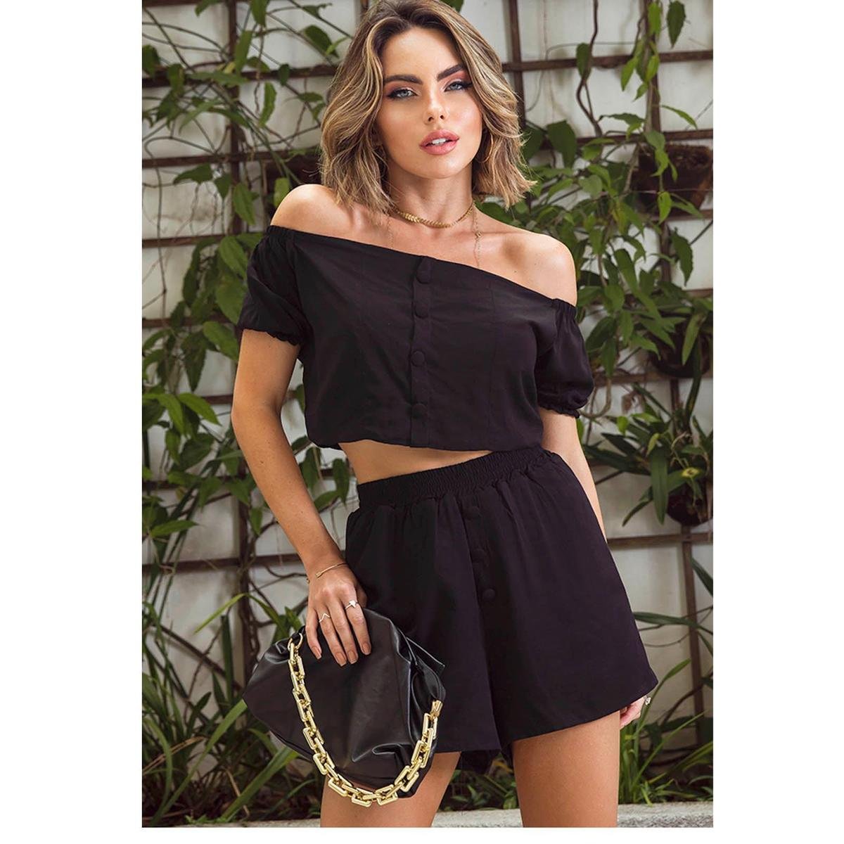 Conjunto Shorts e Cropped Linho Manga Bufante Sob - Preto Menor preço em Conjunto Shorts e Cropped Linho Manga Bufante Sob - Preto