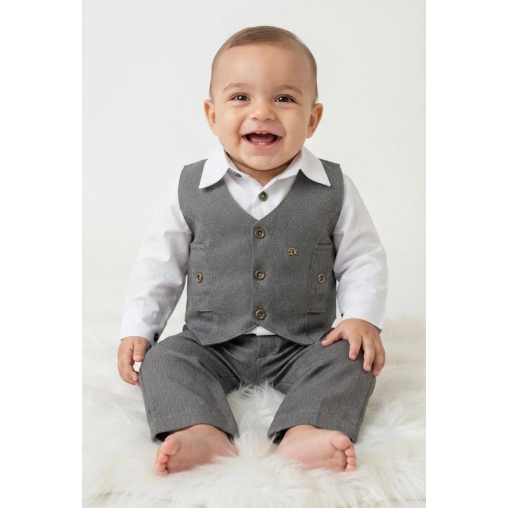 Conjunto Social 3 Pçs Luxo Batizado Bebê Menino D'Tuia 3041