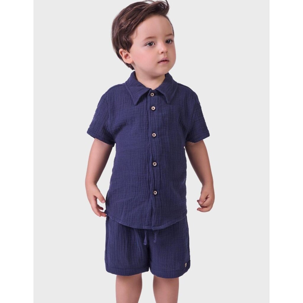 Conjunto Tecido Moda Luxo Gaze Algodão Gola Polo Verão Com Bermuda Confortável Menino 1 a 10