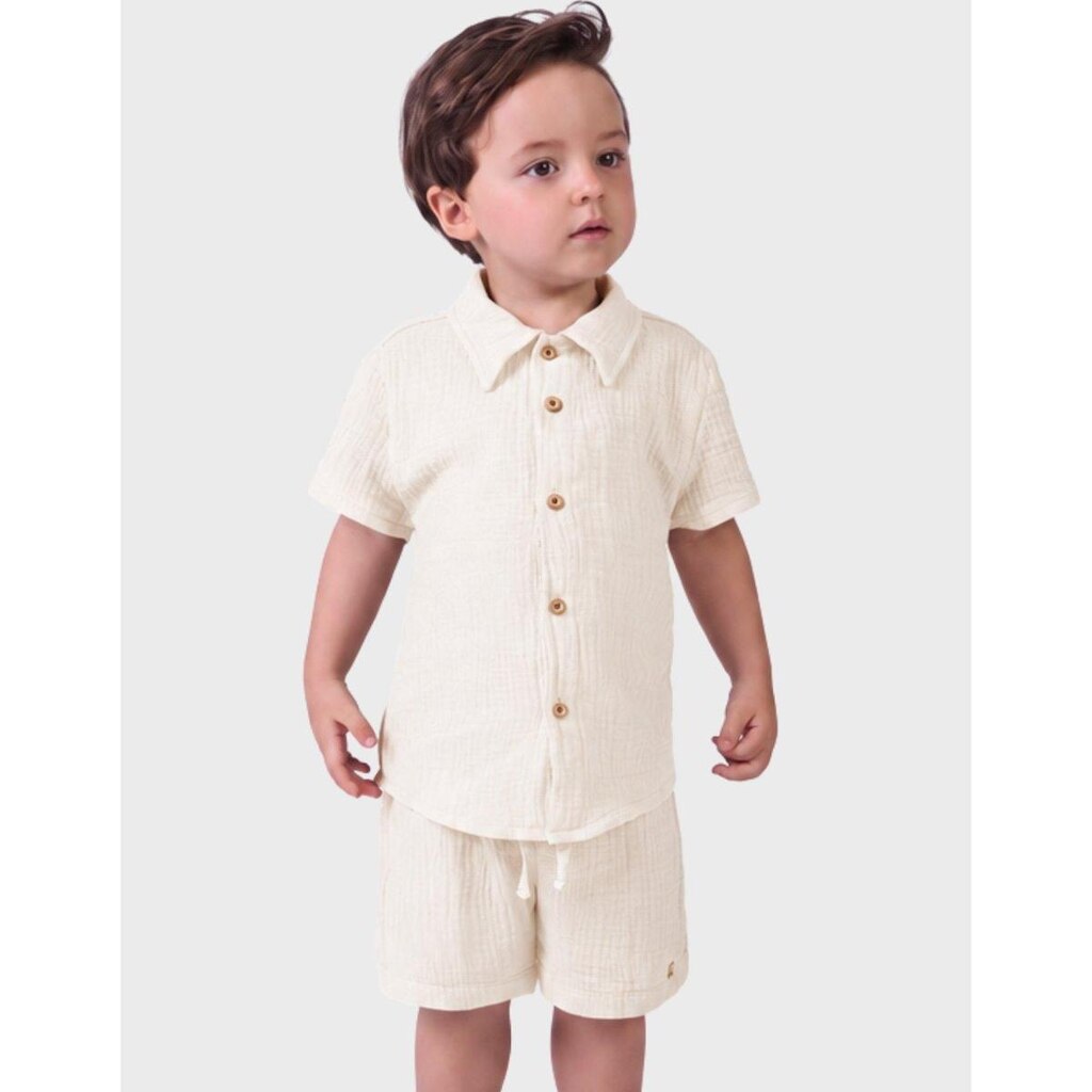 Conjunto Tecido Moda Luxo Gaze Algodão Gola Polo Verão Com Bermuda Confortável Menino 1 a 10