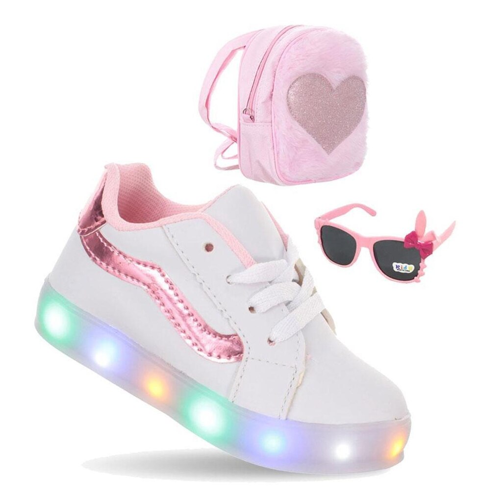 Conjunto Tenis de Menina com Luzinha Led Branco mais Bolsa e Óculos