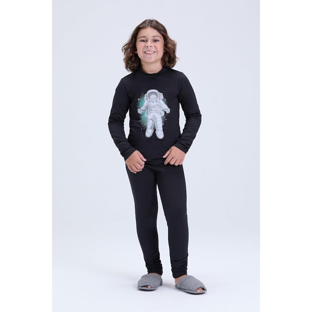 Conjunto Térmico Infantil Masculino Brilha no Escuro Astronauta Preto