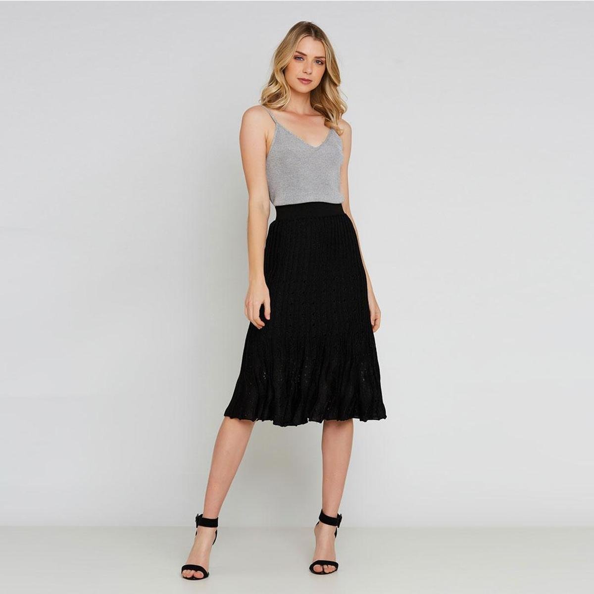 Conjunto Tricot blusa + saia midi plissada Feminino - Prata Menor preço em Conjunto Tricot blusa + saia midi plissada Feminino - Prata