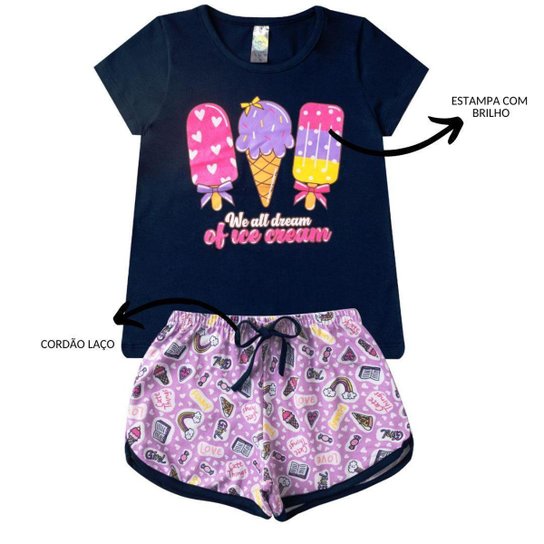 Conjunto Verão Infantil Feminino Blusinha Shorts Algodão Cotton Roupa Menina Estampas divertidas