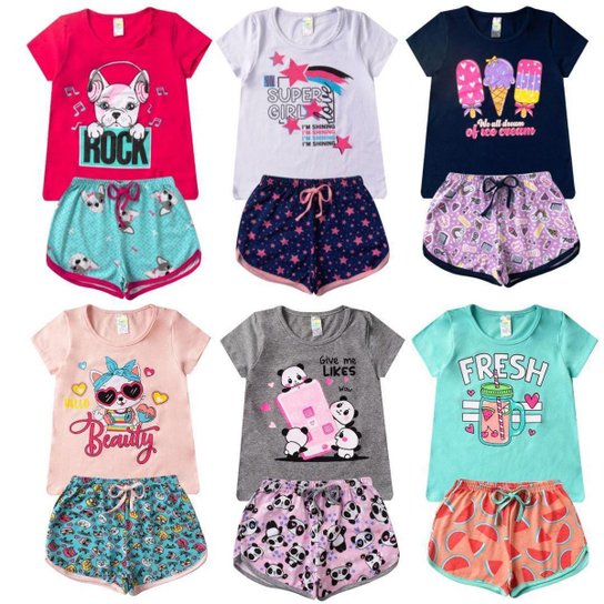 Conjunto Verão Infantil Feminino Blusinha Shorts Algodão Cotton Roupa Menina Estampas divertidas