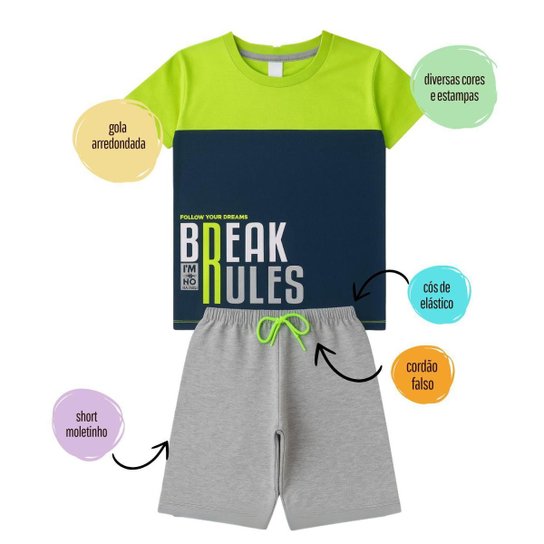 Conjunto Verão Infantil Juvenil Masculino Camiseta reforço na gola Bermuda Moletinho Roupa Menino
