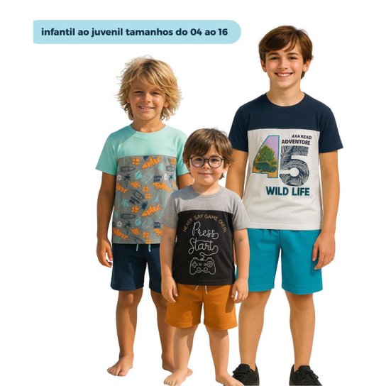Conjunto Verão Infantil Juvenil Masculino Camiseta reforço na gola Bermuda Moletinho Roupa Menino
