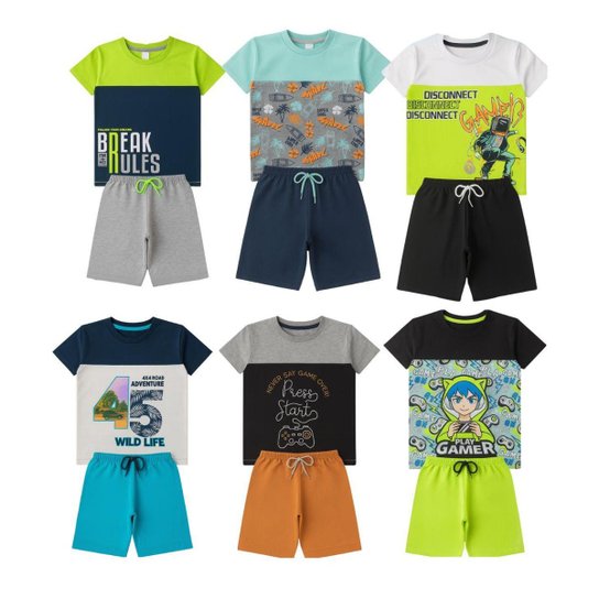 Conjunto Verão Infantil Juvenil Masculino Camiseta reforço na gola Bermuda Moletinho Roupa Menino