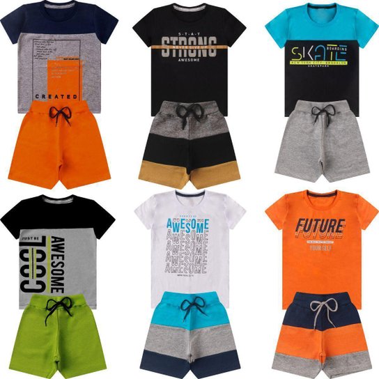 Conjunto Verão Infantil Juvenil Masculino Camiseta reforço na gola Bermuda Moletinho Roupa Menino
