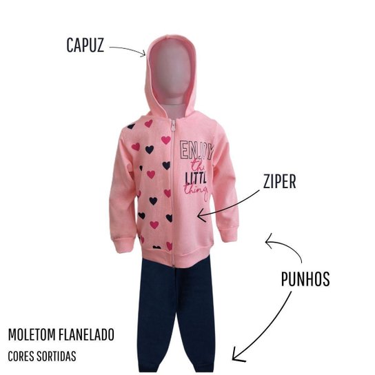 Conjuntos Moletom Infantil Feminino Blusa Calça Flanelado Agasalho Menina Capuz Ziper Punho