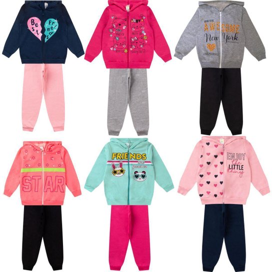 Conjuntos Moletom Infantil Feminino Blusa Calça Flanelado Agasalho Menina Capuz Ziper Punho