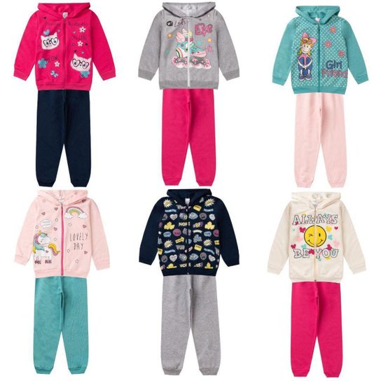 Conjuntos Moletom Infantil Feminino Blusa Calça Flanelado Agasalho Menina Capuz Ziper Punho