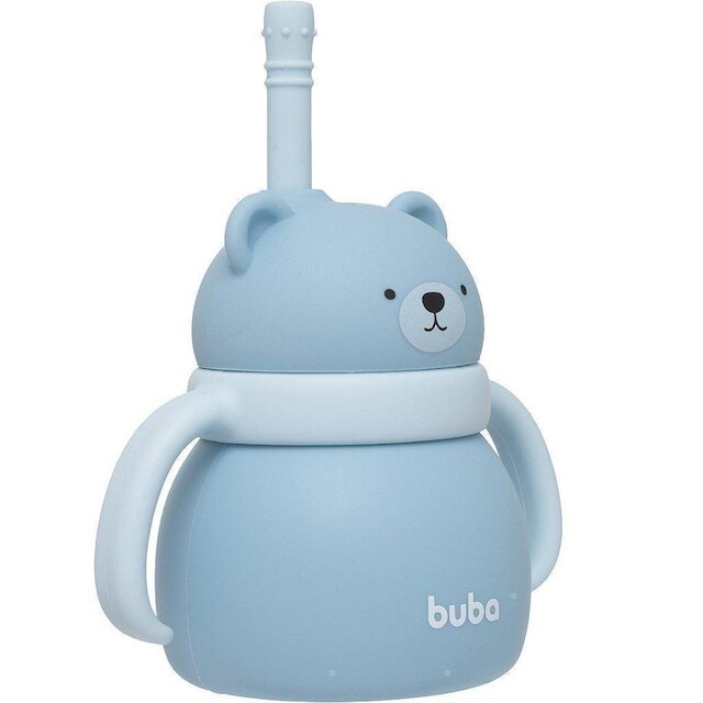 Copo de Silicone Buba Com Canudo Ursinho Azul