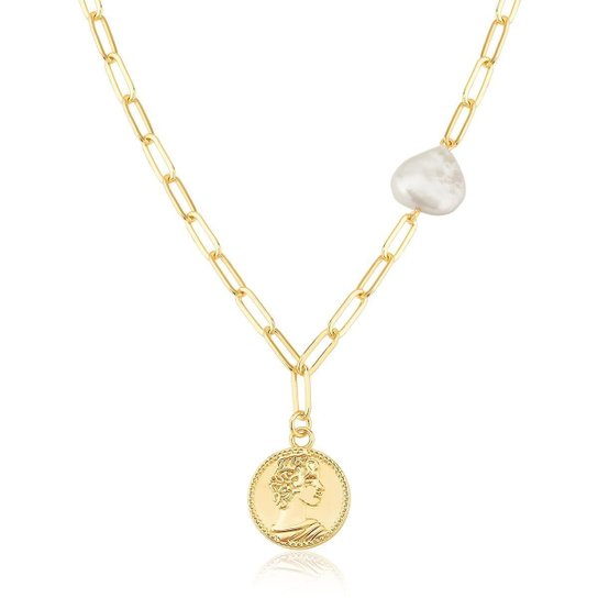 CORRENTE COM PINGENTE DE MOEDA E PÉROLA BANHADA A OURO - Dourado