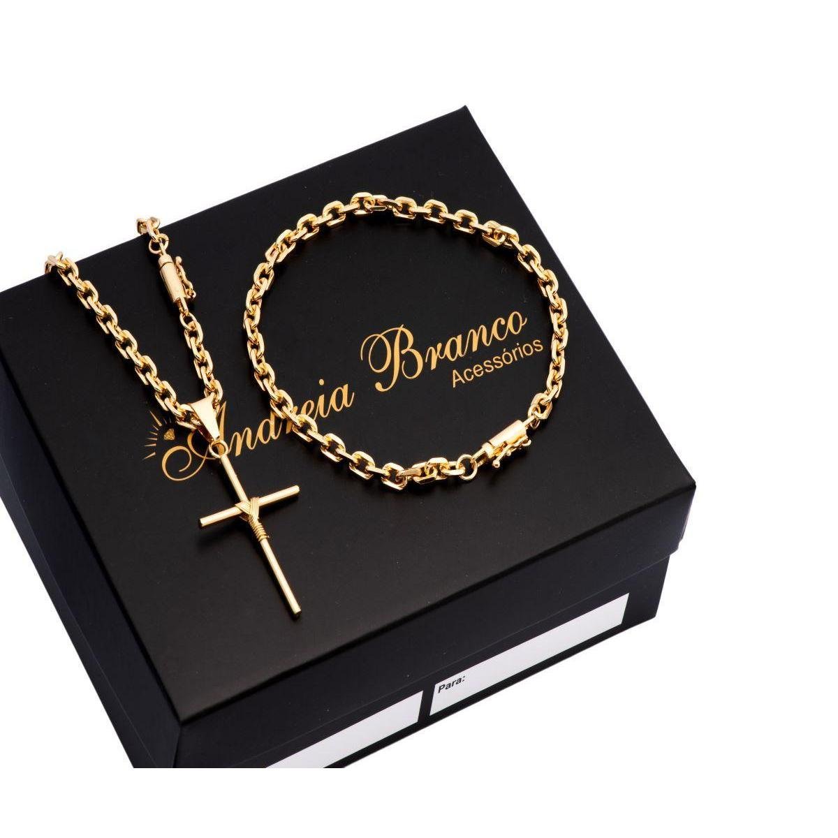 Corrente cordão masculina + pingente + pulseira banhado ouro Menor preço em Corrente cordão masculina + pingente + pulseira banhado ouro