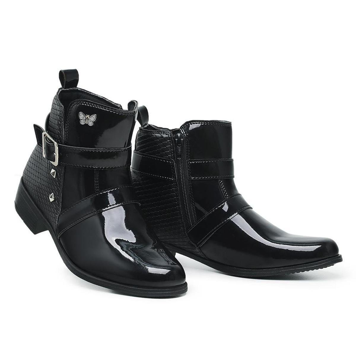 Coturno Blogueira Feminino Cano Curto E Salto Baixo Bota Com Bico Fino - Preto Menor preço em Coturno Blogueira Feminino Cano Curto E Salto Baixo Bota Com Bico Fino - Preto