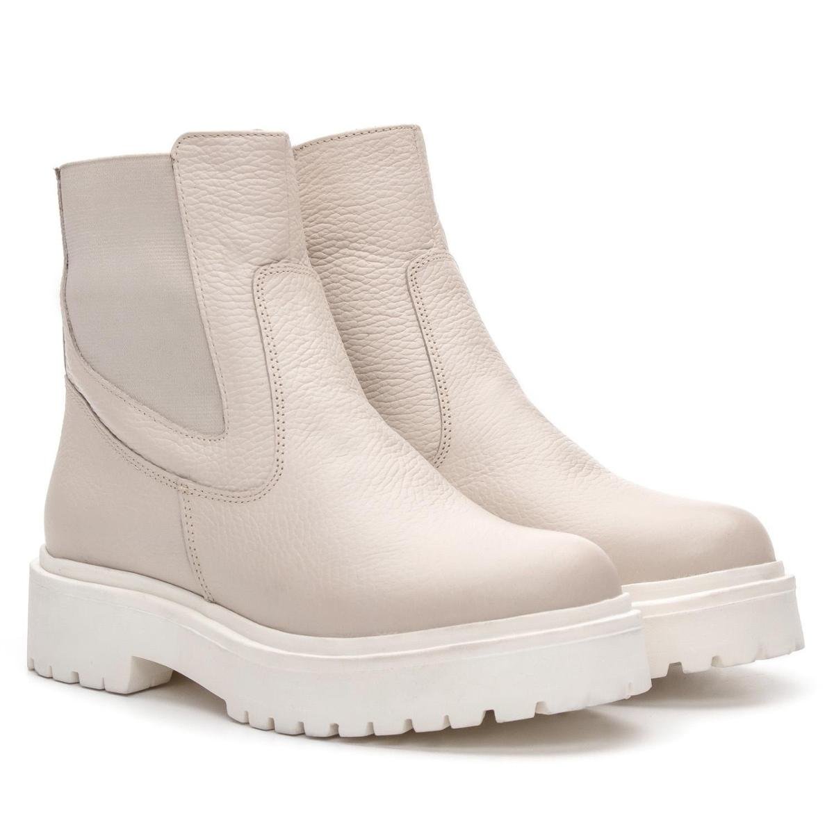 Coturno Bota Feminina em Couro com Ziper Off White e Preta Menor preço em Coturno Bota Feminina em Couro com Ziper Off White e Preta