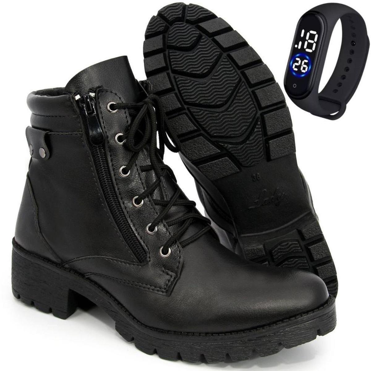 Coturno Bota Feminina Zíper Cadarço Confort Flex Couro + Relógio De Pulso - Preto Menor preço em Coturno Bota Feminina Zíper Cadarço Confort Flex Couro + Relógio De Pulso - Preto