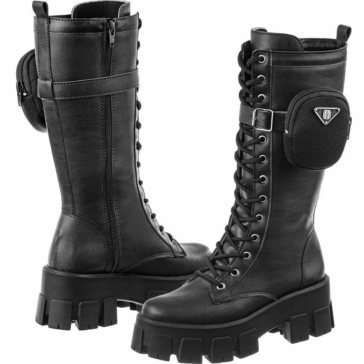 Coturno Bota GiGiL Alto Tratorado Bolsinha Lateral Feminino - Preto Menor preço em Coturno Bota GiGiL Alto Tratorado Bolsinha Lateral Feminino - Preto