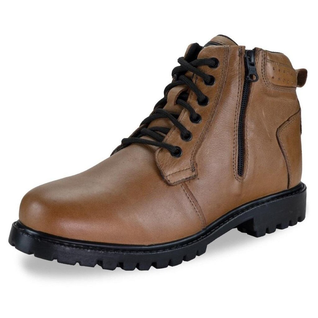 Coturno Bota Masculina Couro Cadarço e Ziper Calce Facil Com Puxador Traseiro Palmilha EVA Macia