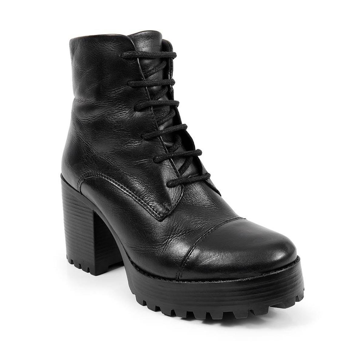 Coturno Feminino Bota Couro Tratorado Salto Cadarço Estilo - Preto Menor preço em Coturno Feminino Bota Couro Tratorado Salto Cadarço Estilo - Preto