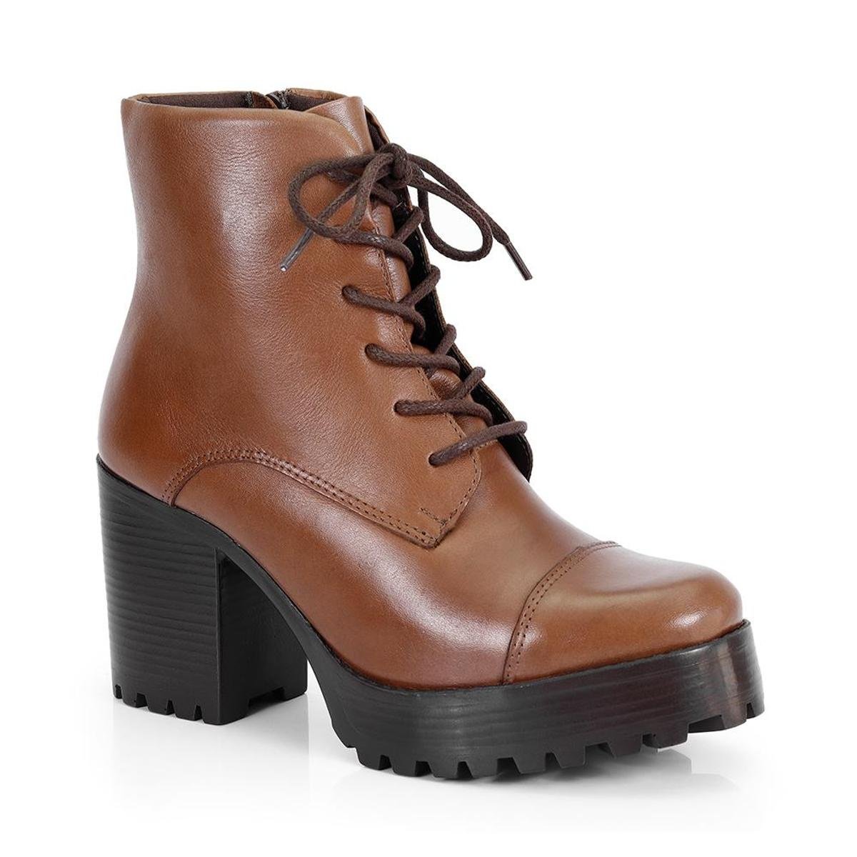 Coturno Feminino Bota Couro Tratorado Salto Cadarço Estilo - Marrom Menor preço em Coturno Feminino Bota Couro Tratorado Salto Cadarço Estilo - Marrom