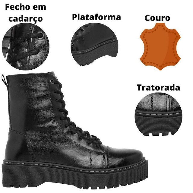 Coturno Feminino Plataforma Tratorada Moda Casual em Couro