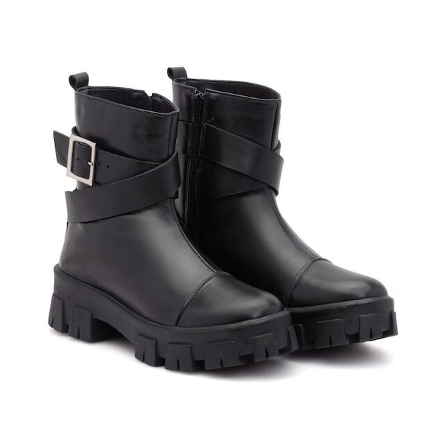 Coturno Feminino Tratorado Couro Bota Cano Curto Conforto
