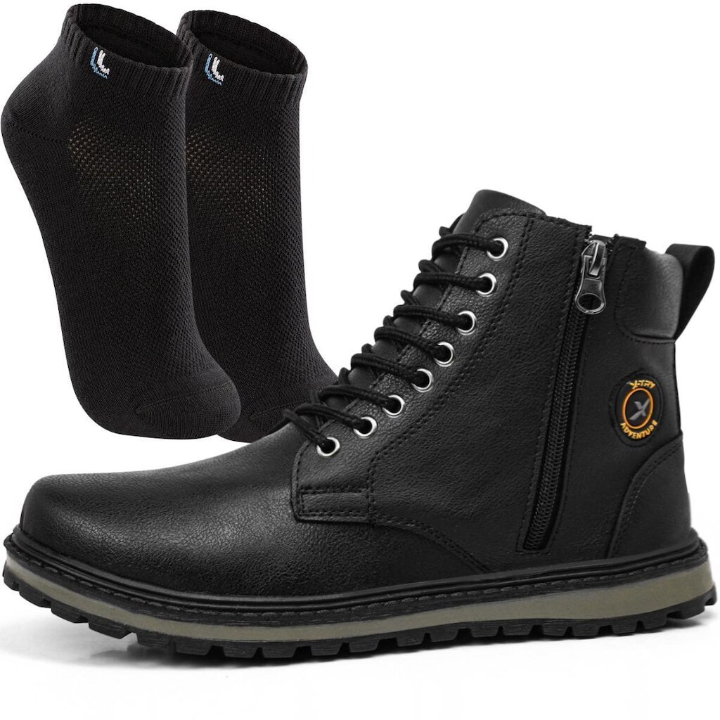 Coturno Masculina Bota Cano Médio Tratorado Conforto Com Meia Lupo Preto Kit