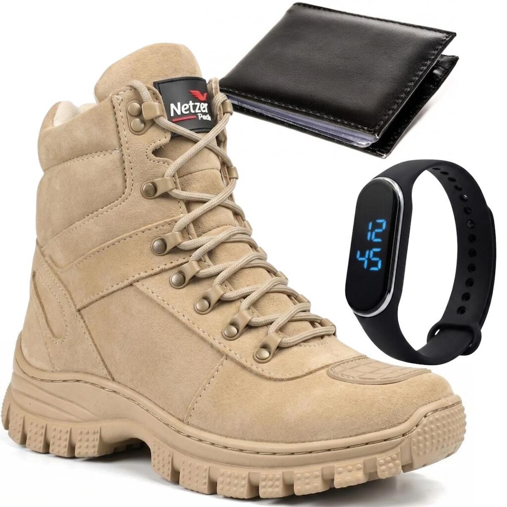 Coturno Masculina Cano Médio Bota Em Couro Camurça Kit Coturno Com Carteira e Slim Led Areia