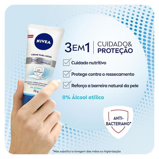 Creme para Mãos Nivea 3 em 1 Ação Bacteriana Cuidado & Proteção 75g