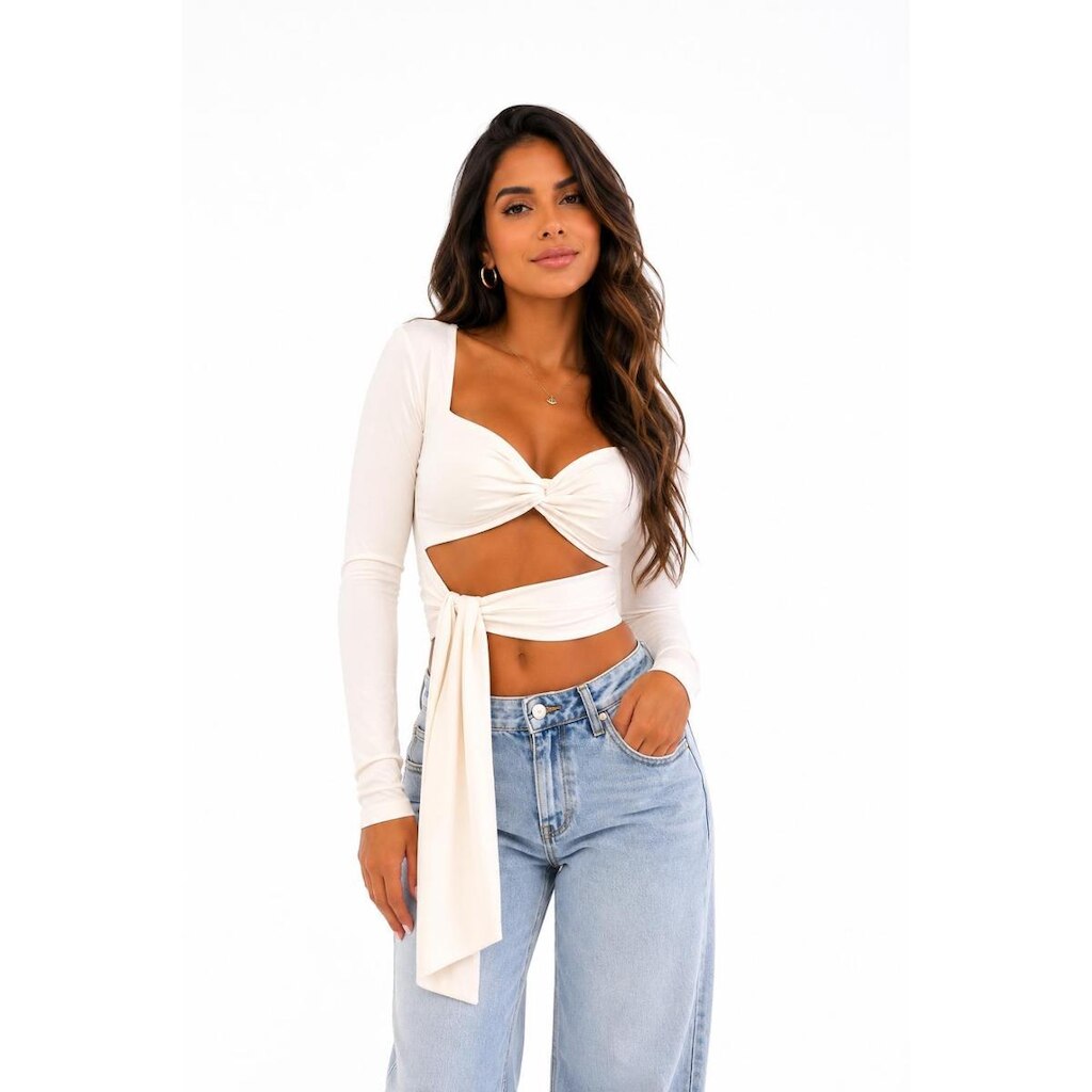 Cropped Aberto Manga Longa Feminino D Bell Outlet Fashion Poliamida Offwhite