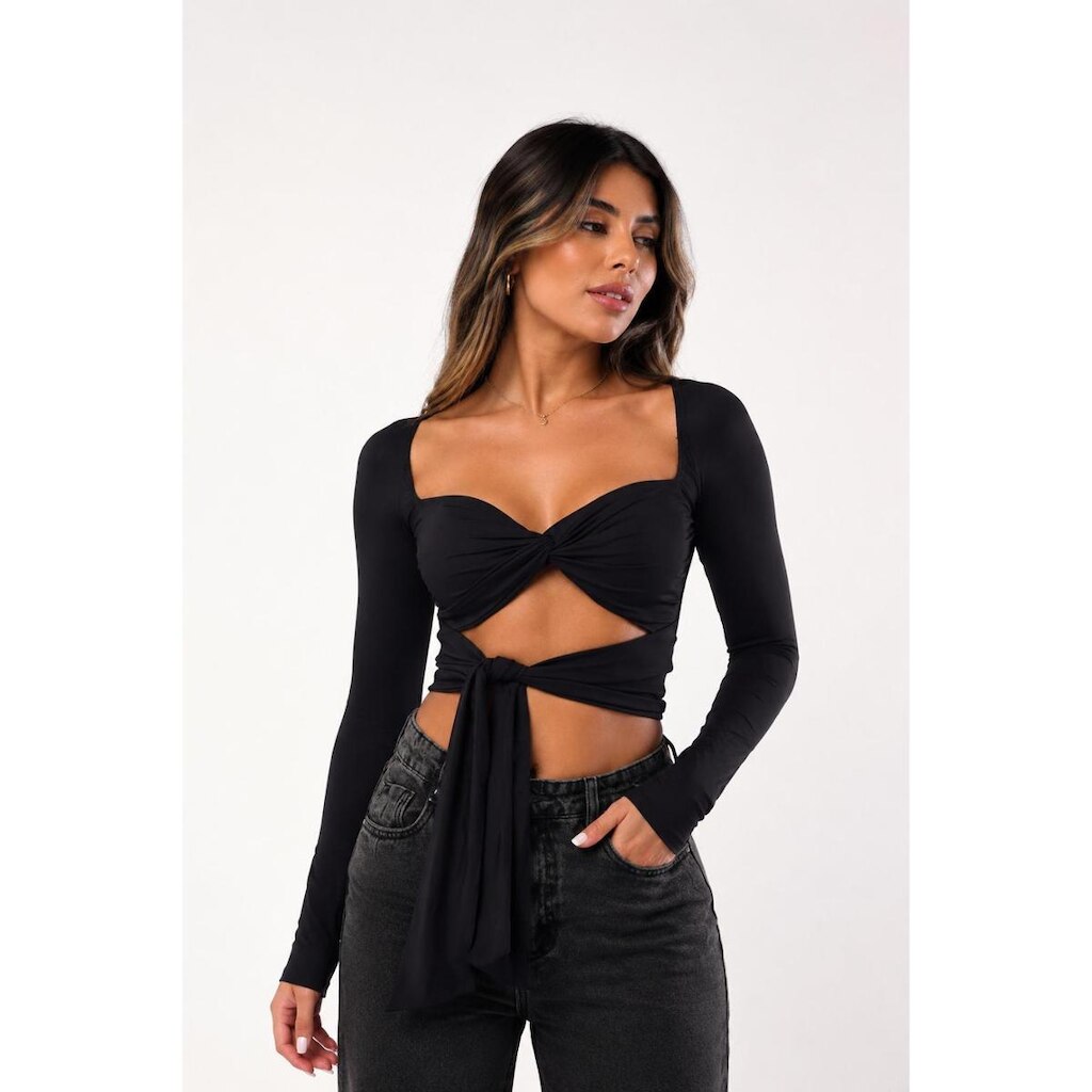Cropped Aberto Manga Longa Feminino D Bell Outlet Fashion Poliamida Preto