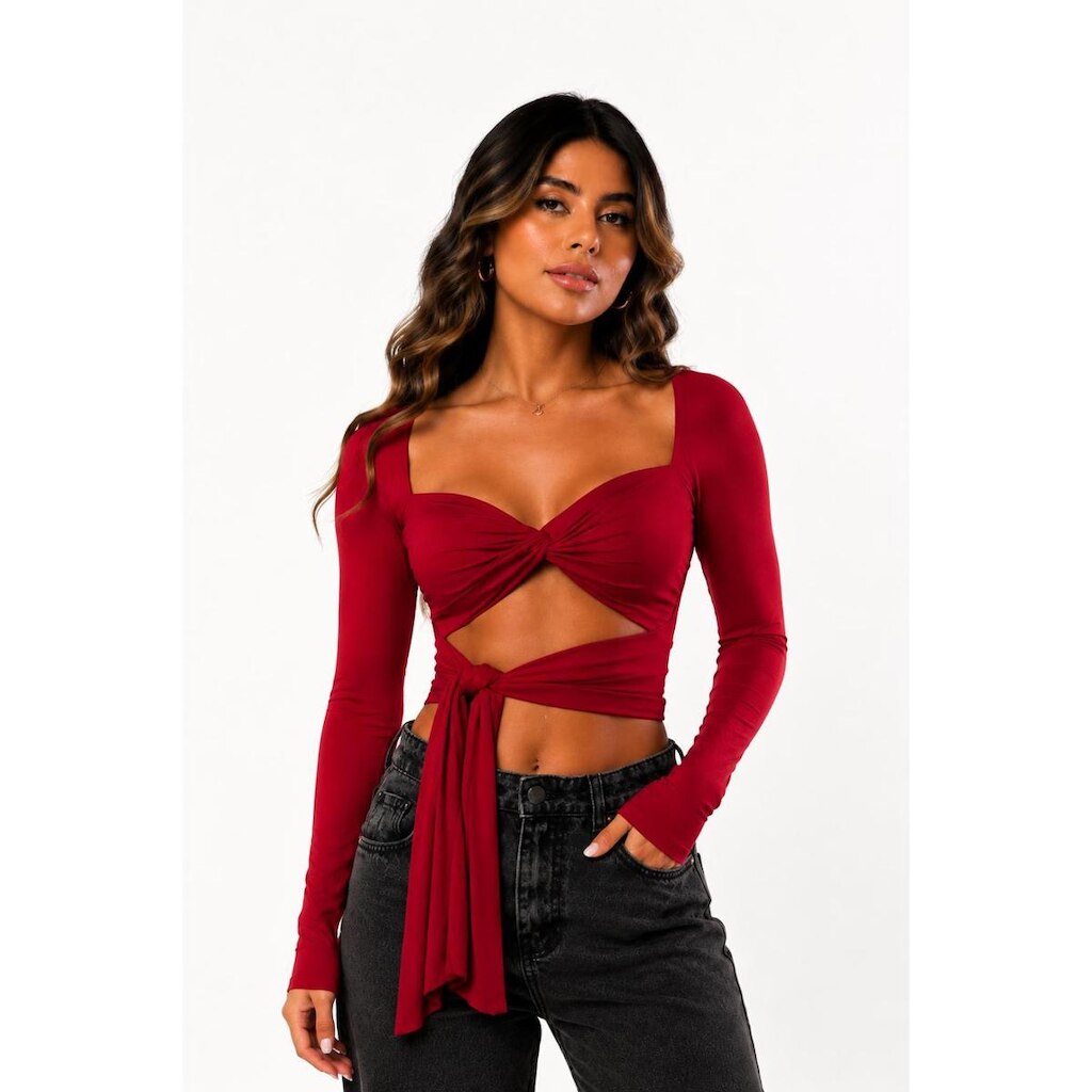 Cropped Aberto Manga Longa Feminino D Bell Outlet Fashion Poliamida Vermelho
