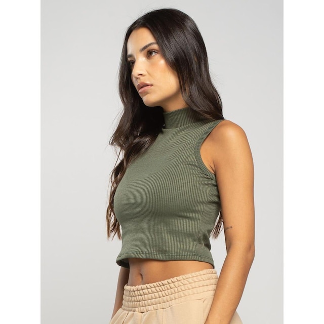 Cropped Básico Regata Canelado Gola Alta Moda Casual Feminina