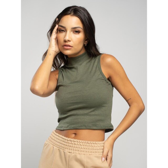Cropped Básico Regata Canelado Gola Alta Moda Casual Feminina