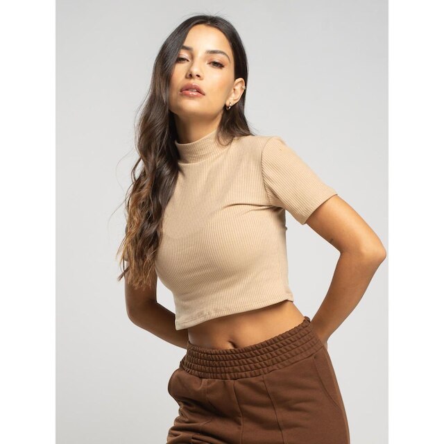 Cropped Canelado Gola Alta Manga Curta Blusinha Básica Feminina