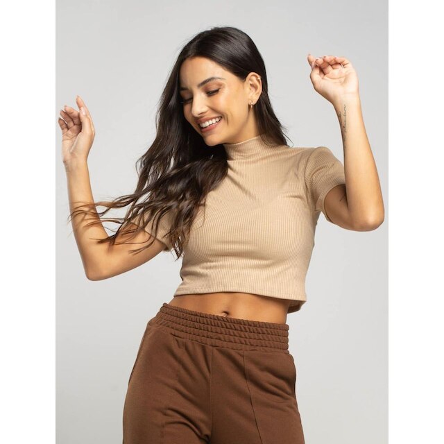 Cropped Canelado Gola Alta Manga Curta Blusinha Básica Feminina