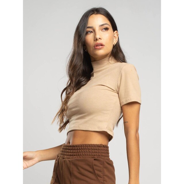 Cropped Canelado Gola Alta Manga Curta Blusinha Básica Feminina