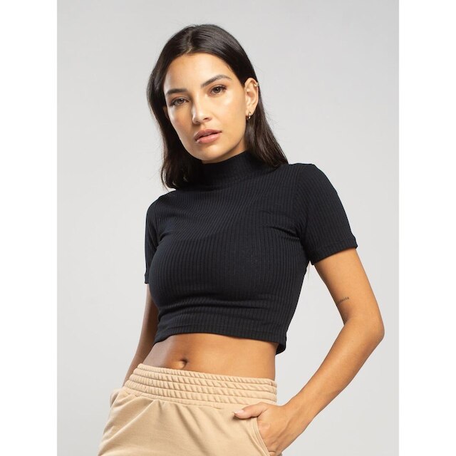 Cropped Canelado Gola Alta Manga Curta Blusinha Básica Feminina