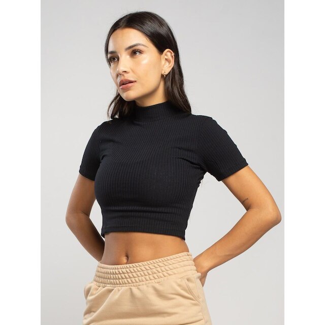Cropped Canelado Gola Alta Manga Curta Blusinha Básica Feminina