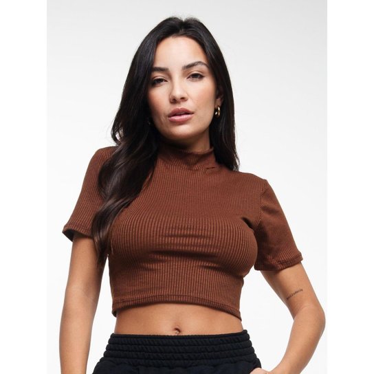 Cropped Canelado Gola Alta Manga Curta Blusinha Básica Feminina